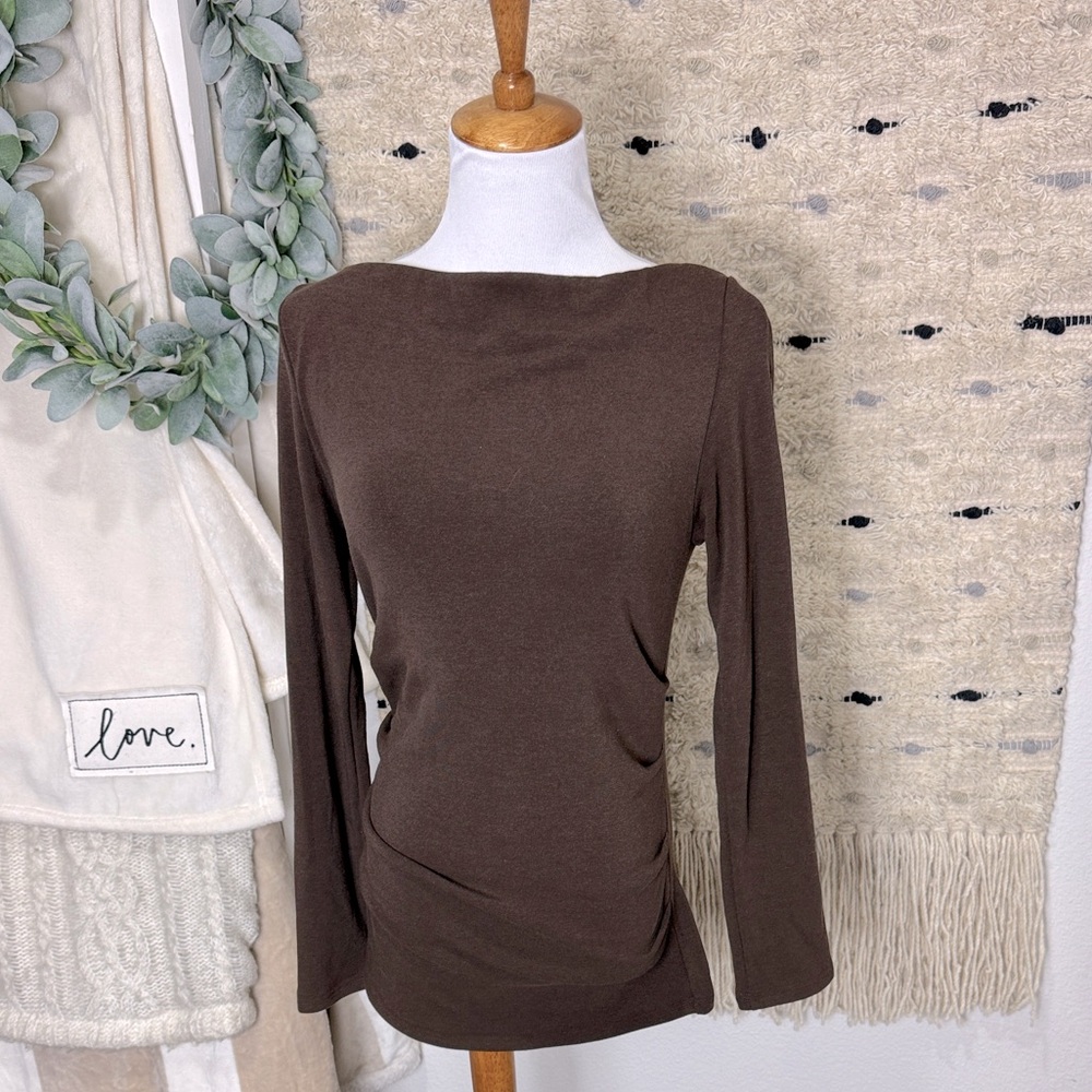 OGL Chocolate Brown scoop neck ruched long sleeve top size M